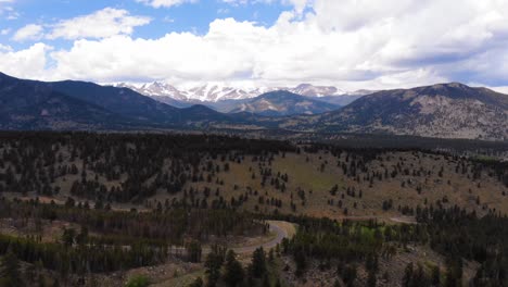 aerial shot of the estes park in colorado with snowed mountains in the background