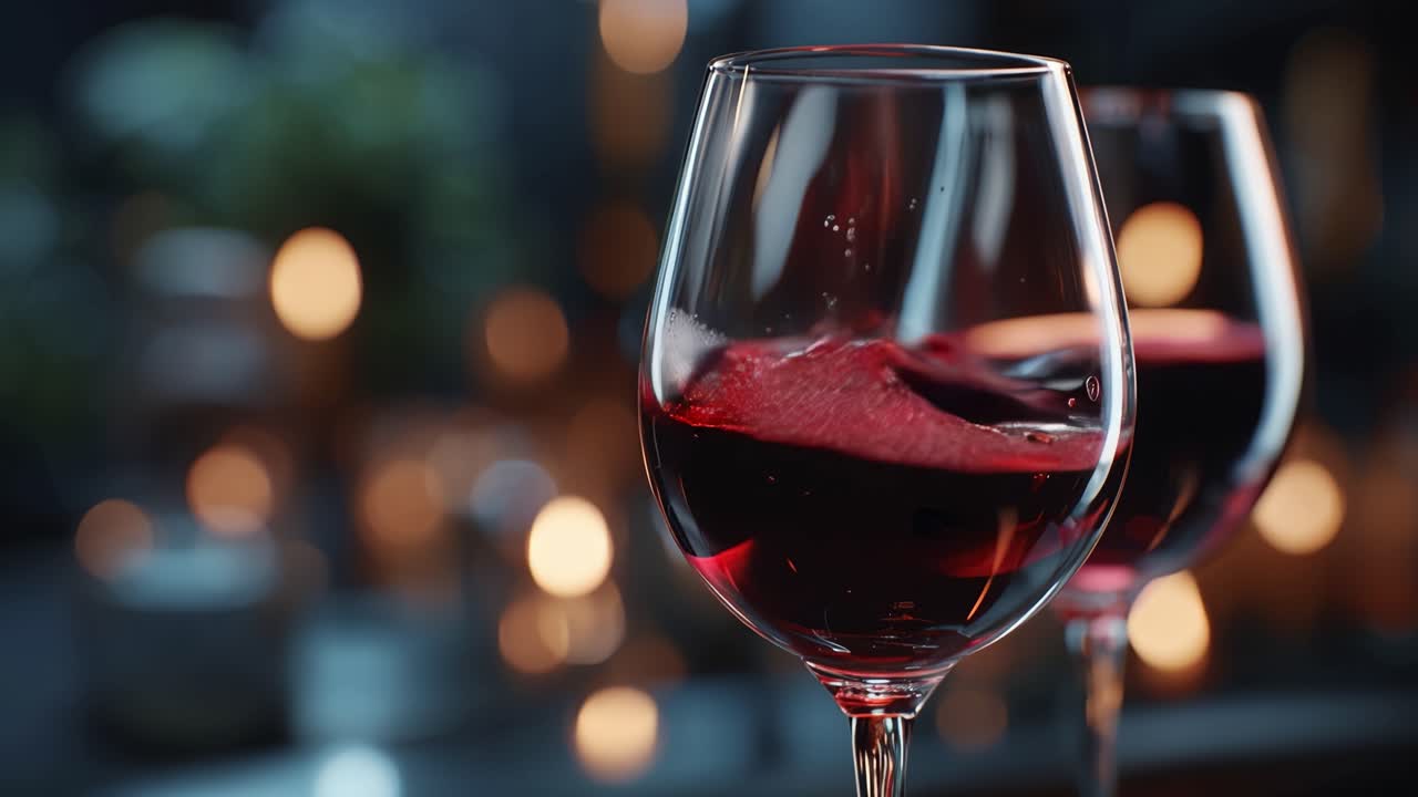Red wine swirls in a glass, glowing warmly. Soft bokeh lights blur behind, creating depth. Dark background enhances the wine's rich hue. Glass trembles slightly, suggesting gentle movement