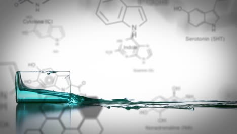 laboratory beaker falling with data and structural formula of chemical compounds in the foreground