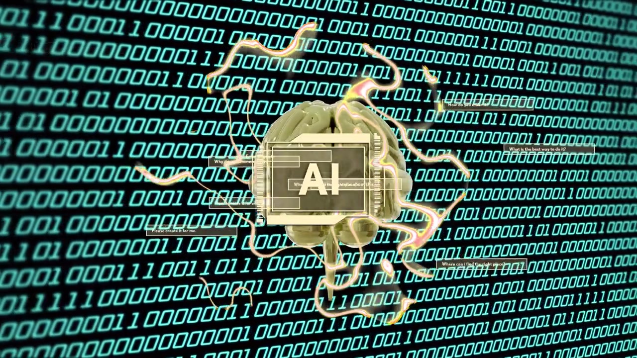 On load, stylized brain with AI module rotating, wires extending, visualizing data exchange
