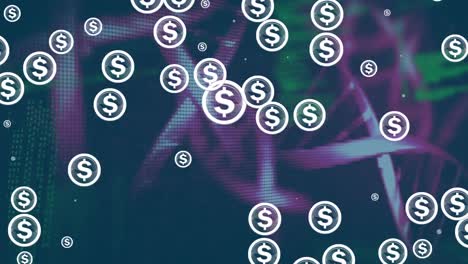 animation of dollar symbols and dna structures over microprocessor connections and data processing