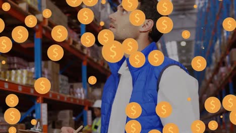 Animation-of-dollar-symbols-flickering-over-diverse-workers-in-warehouse