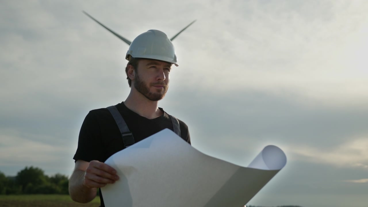 Man in hard hat and overalls reviews blueprints near wind turbines on cloudy day renewable energy