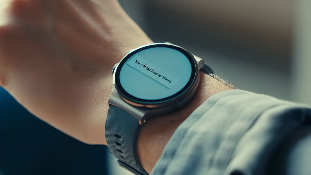 Close-up of a smartwatch on a wrist displaying a notification