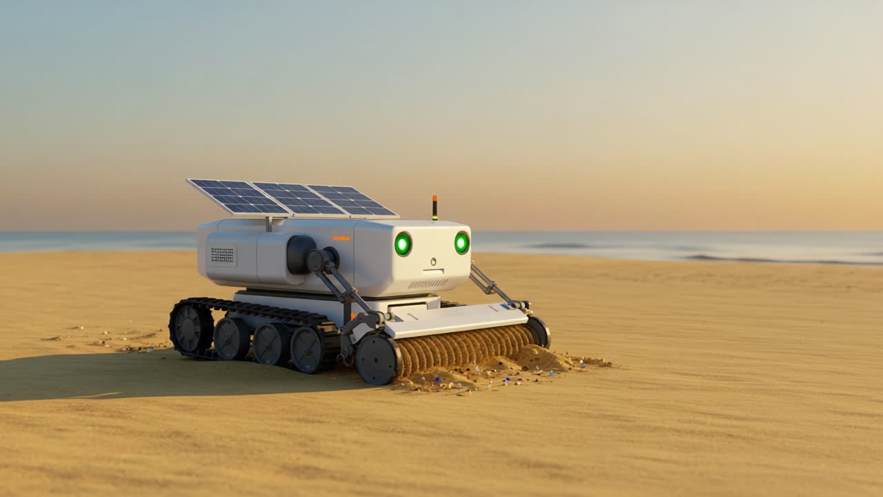 A Solar-Powered Robot Explorer Engaged in Sand Excavation at Dawn, Displaying Advanced Technology in a Serene Desert Environment