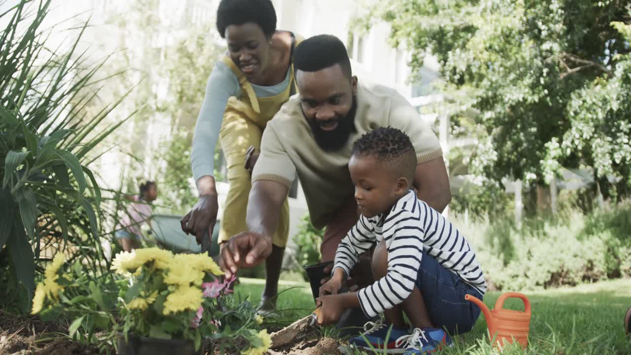 Happy african american couple with son planting flowers in sunny garden, slow motion