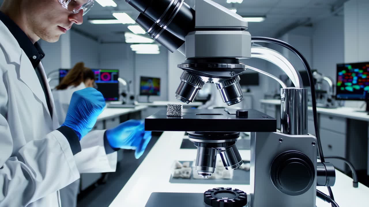 Scientist using a microscope in a modern laboratory