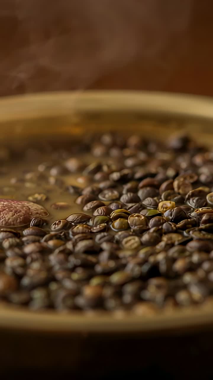 Vertical video: Bobbing brown beans shifting from ripples in bowl on wood table, showing pink husk