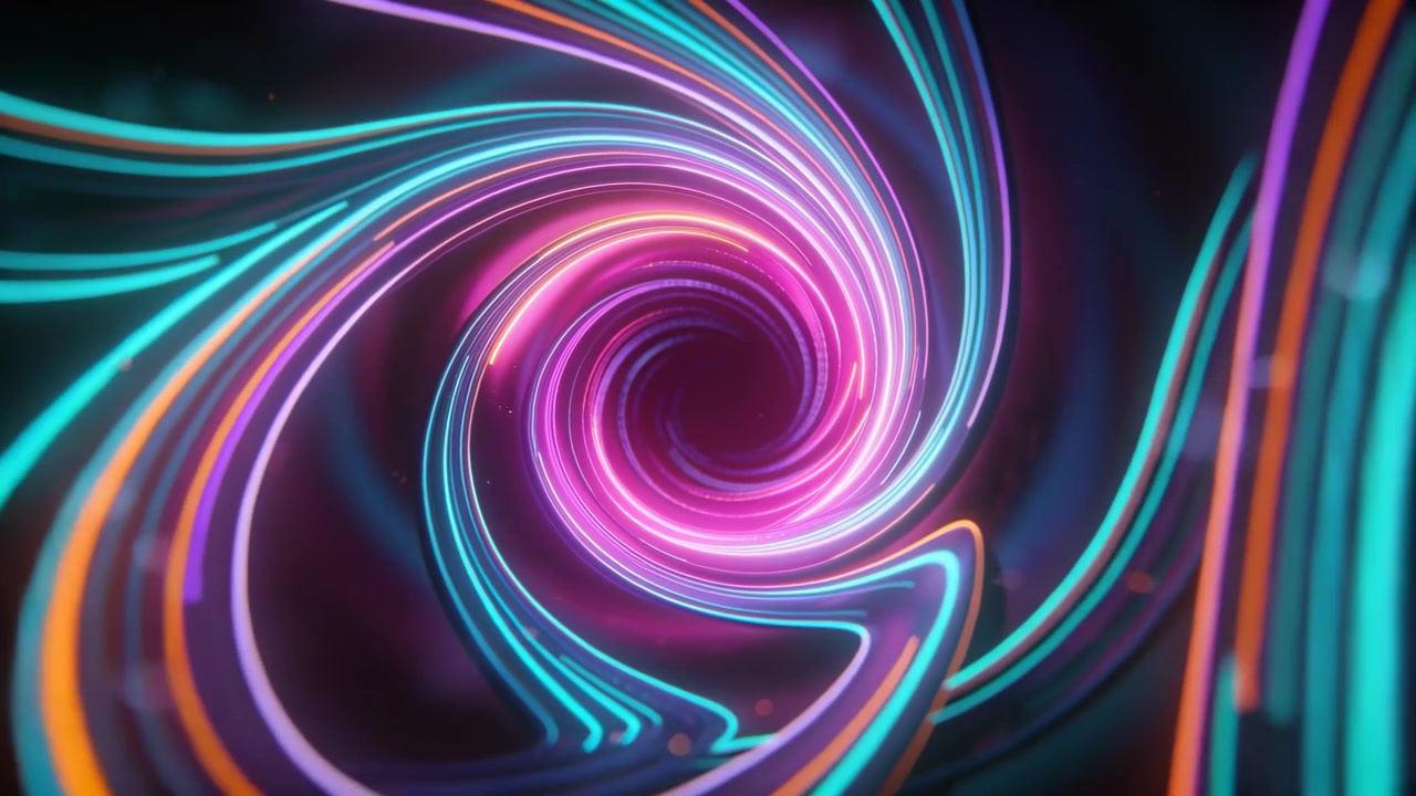 Nastri al neon che entrano dall'alto a sinistra e dall'alto a destra, a spirale verso l'interno in un vuoto oscuro, formando un vortice.