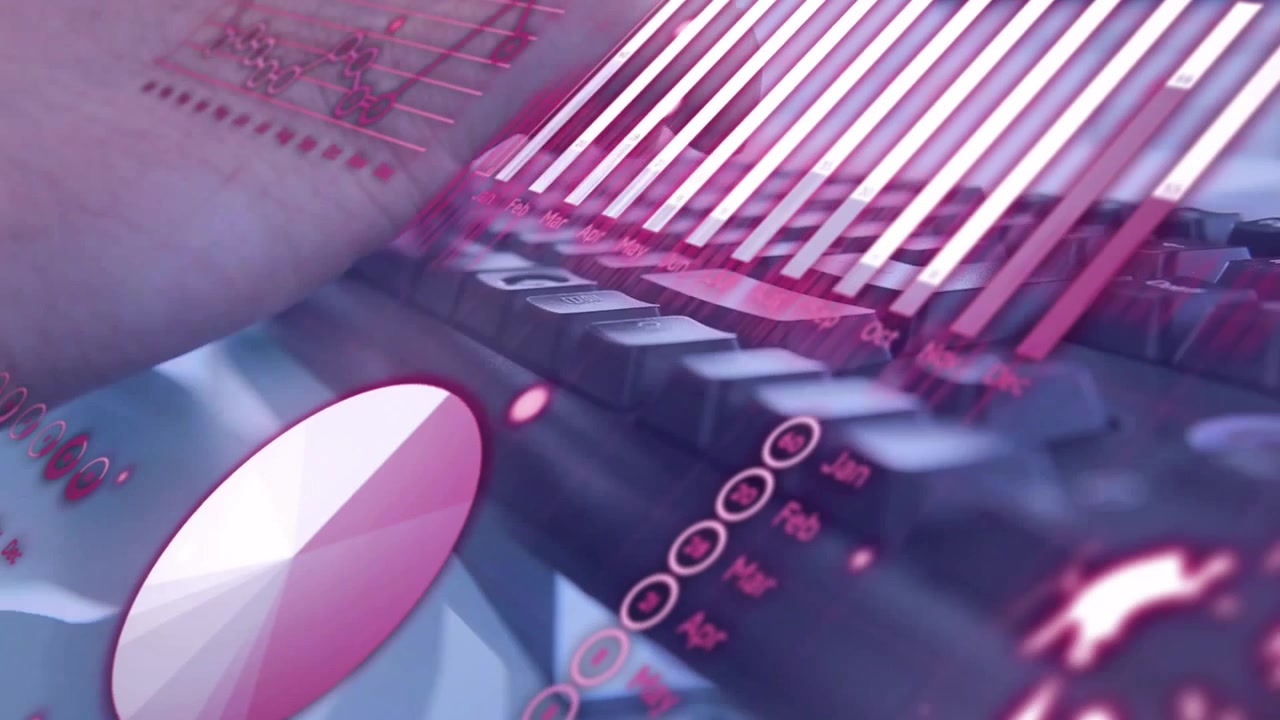 Mano di un utente di computer che digita sulla tastiera, attivando sovrapposizioni rosse e aggiornando la dashboard tecnologica.