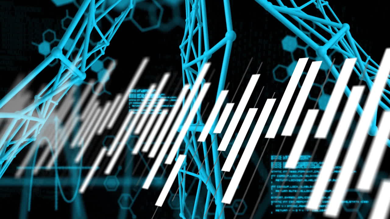 Turquoise 3D wireframe mesh being visualized in data display, showing white bars and teal hexagons