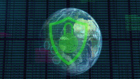 icono de candado de seguridad sobre globo giratorio contra el procesamiento de datos de codificación binaria en fondo negro