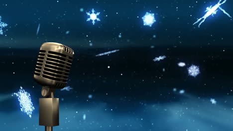 Animation-of-retro-microphone-over-glowing-snowflakes-on-dark-blue-background