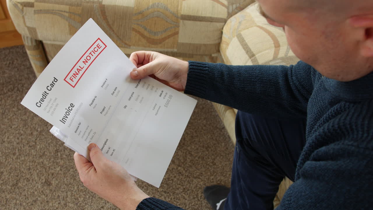 un hombre está abriendo una carta de deuda en casa