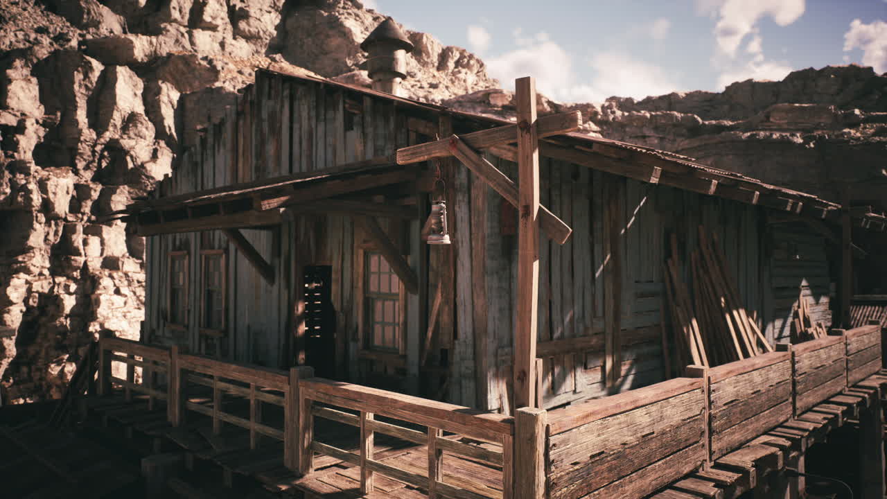 vieja cabaña de madera en un paisaje desértico remoto durante un día soleado