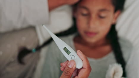 thermometer, fever and parent with child in bed