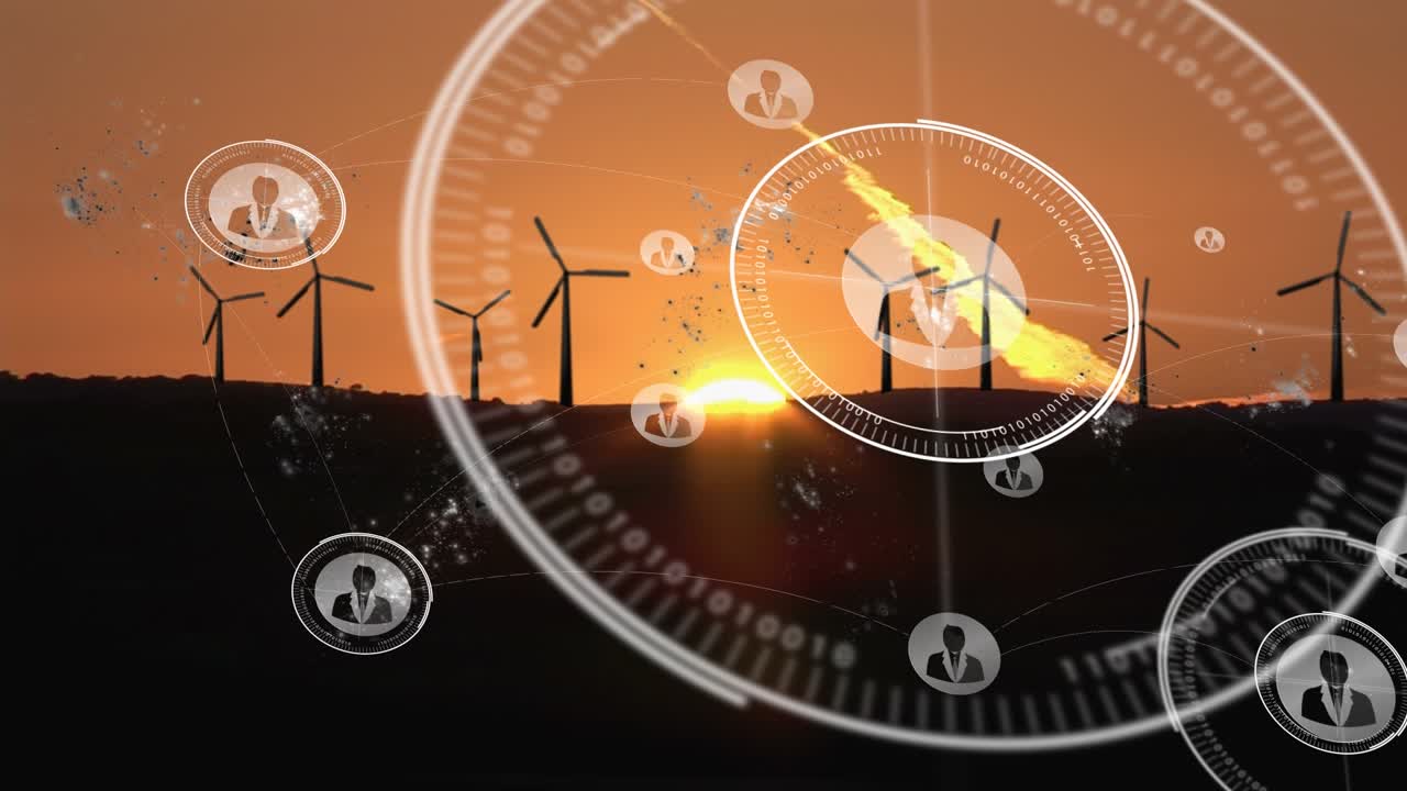 Animation of networks of connections with people icons over wind turbines