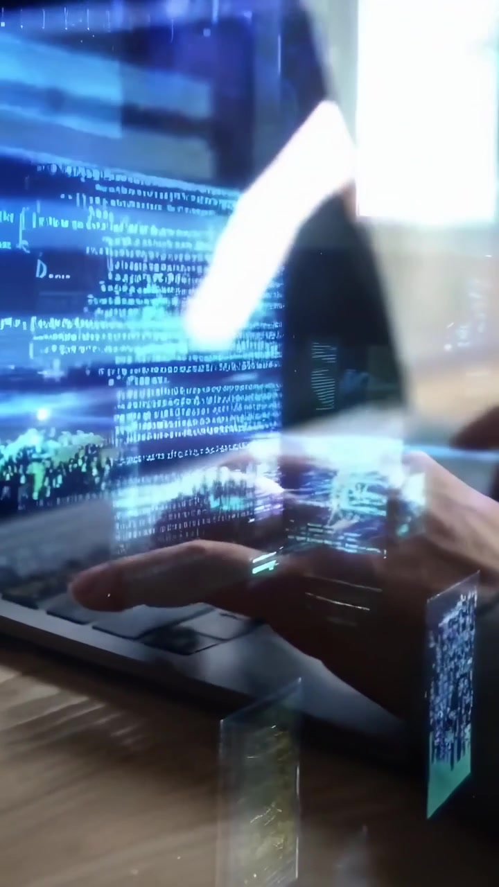 Software Developer Typing Code on Laptop with Digital Data Overlay