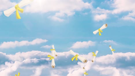 Animation-of-diplomas-with-ribbon-against-blue-sky