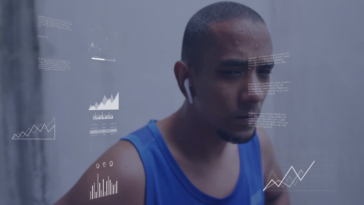Animation of data processing over biracial man with with earphones exercising