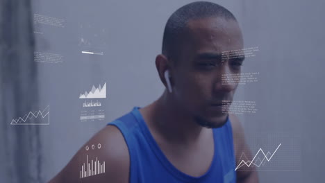 animation of data processing over biracial man with with earphones exercising