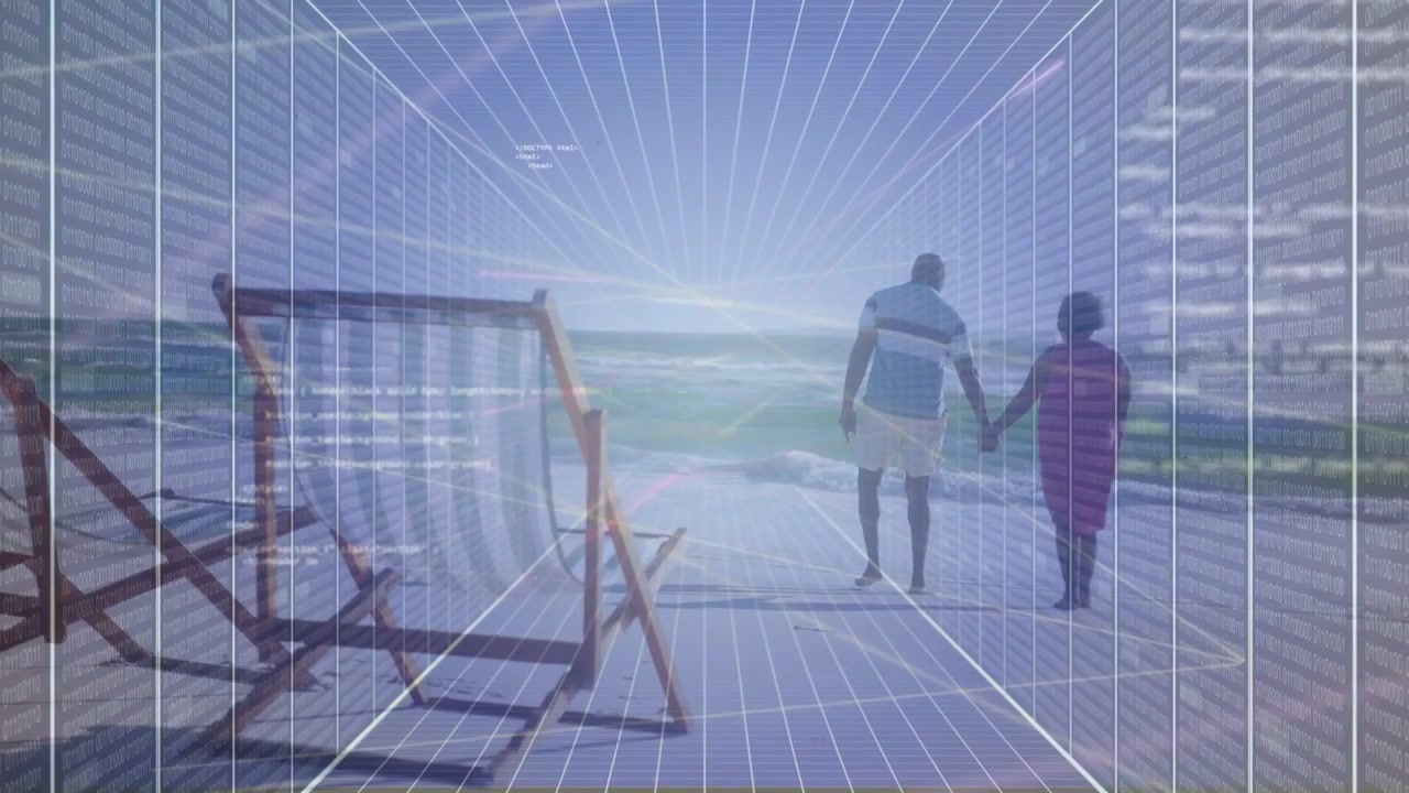 Entering frame older couple walking hand-in-hand to shore for surf travel grid overlay converging