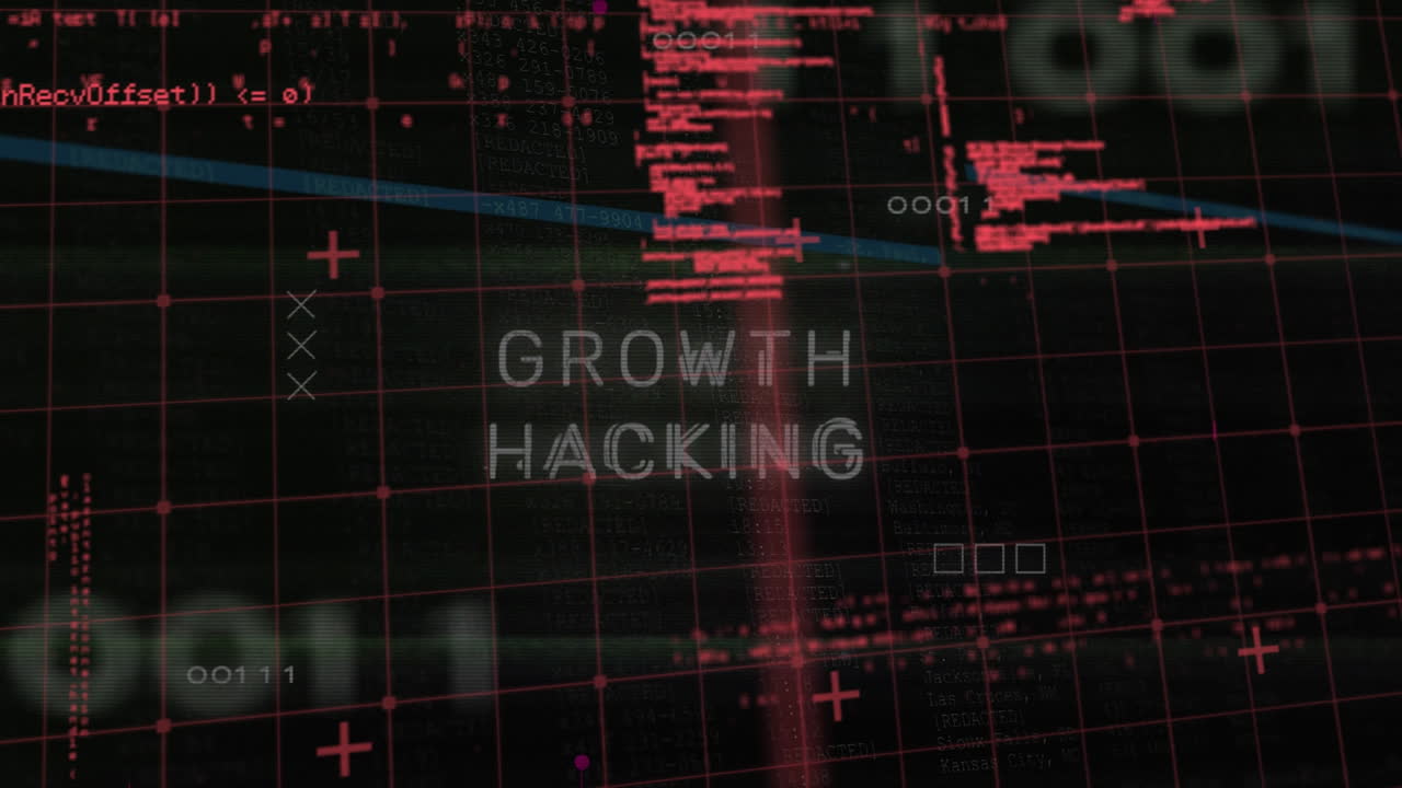 Animation of data processing and growth hacking text on black background