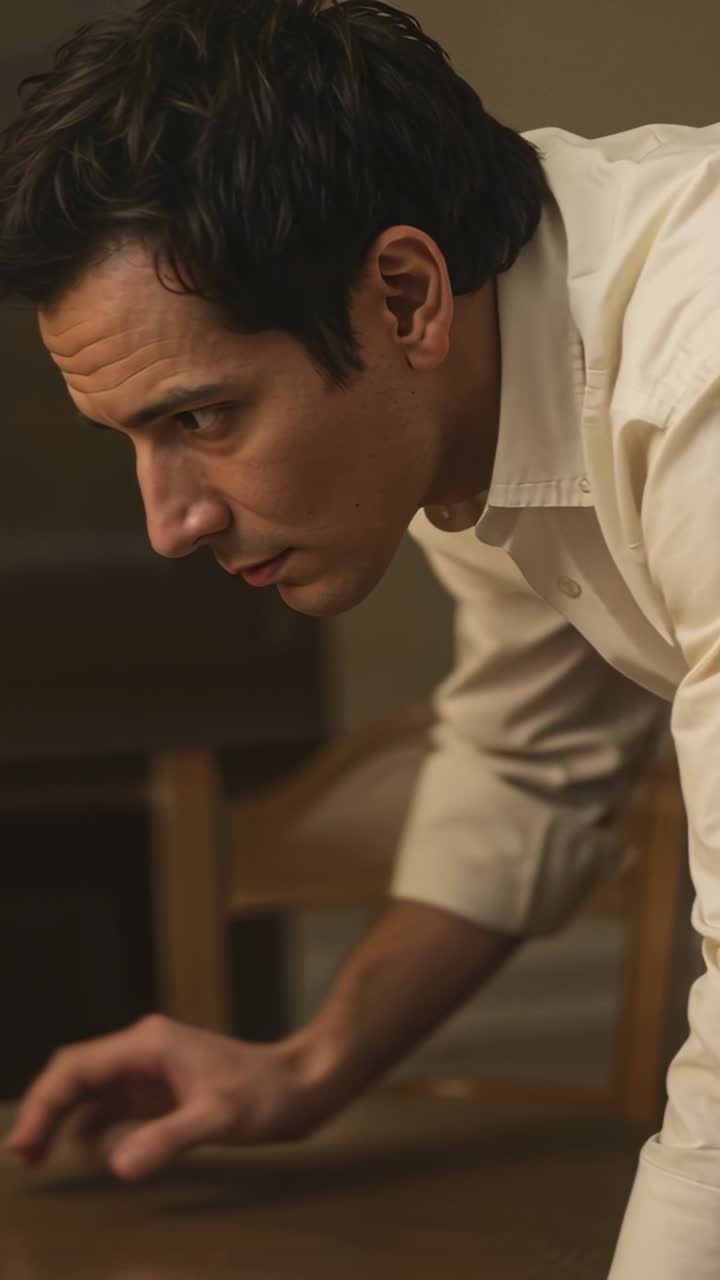 Uomo adulto che si sporge, indossa una camicia bianca elegante, si allunga sul tavolo di legno vicino a una sedia nella sala da pranzo.