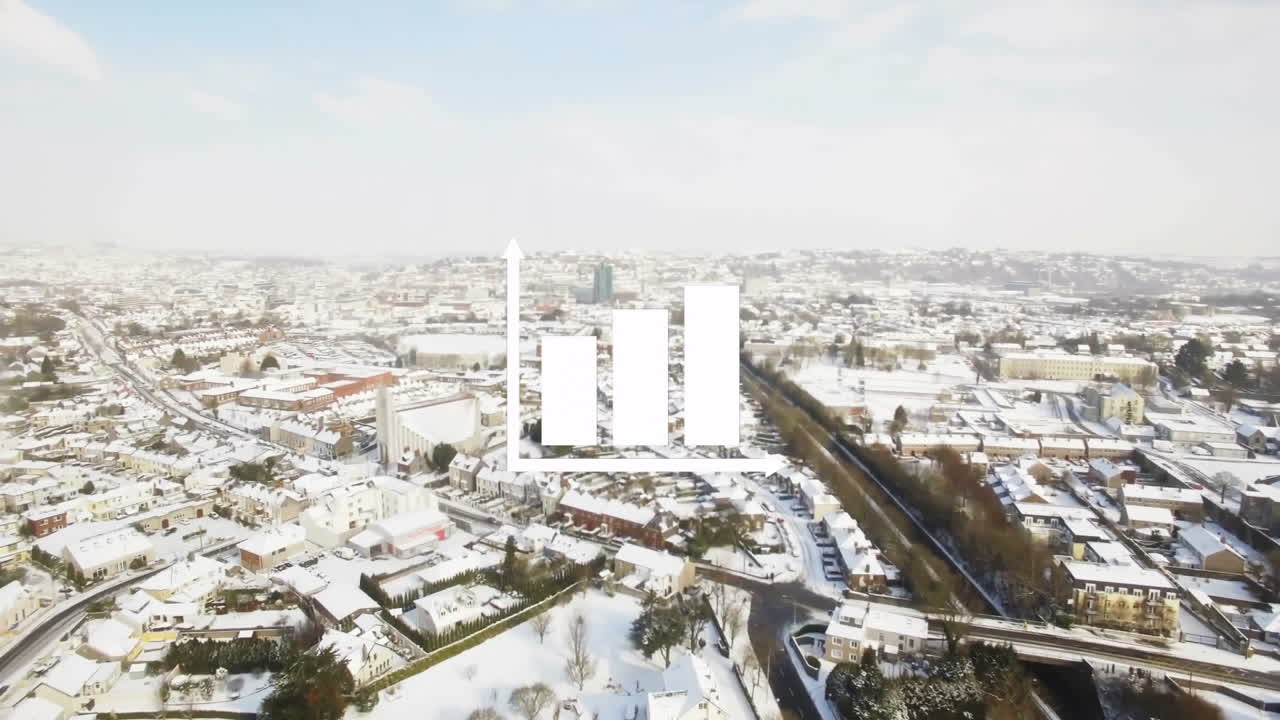 Bar chart animation over aerial view of snowy cityscape