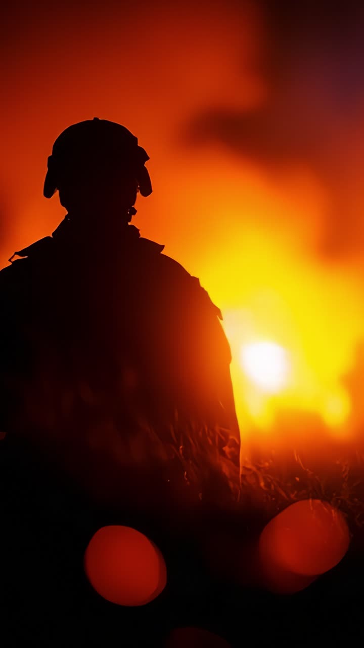 A lone figure stands amidst a blazing inferno, their silhouette highlighted against a backdrop of intense flames and vibrant orange hues in a dramatic setting