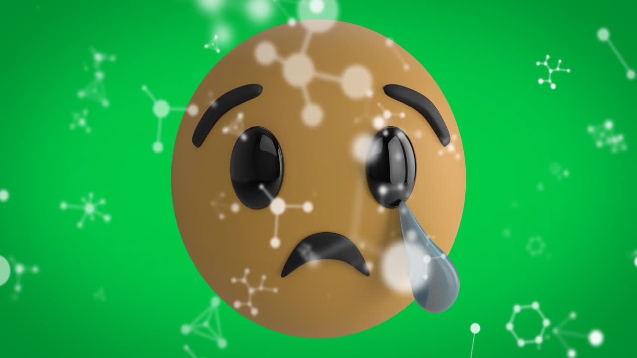 초록색 배경에 떨어지는 연결 위에 슬픈 이모지 아이콘의 애니메이션