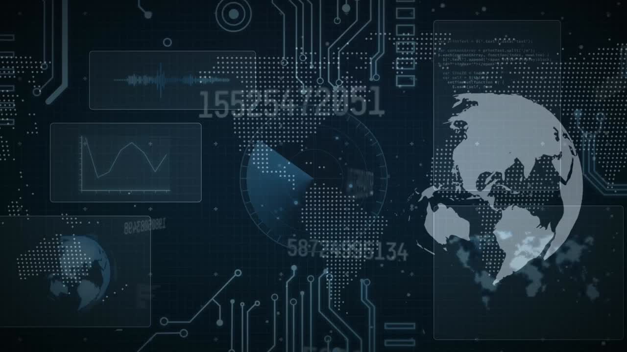 Animation of scope scanning with globe over data processing and world map