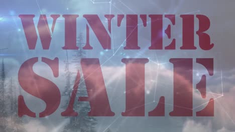 animation of text winter sale, with network of connections over sky and trees