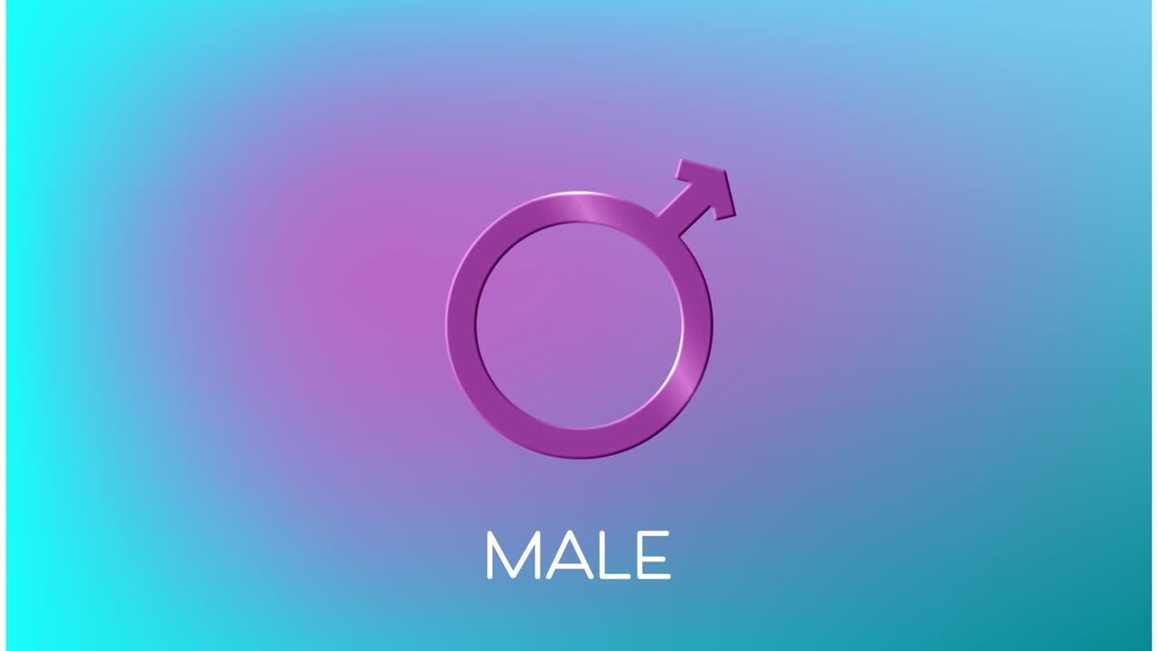 Animazione di banner di testo maschio e simbolo di genere maschile su sfondo sfumato blu e viola