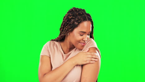 Green-screen,-vaccine-and-happy-woman-with-bandage