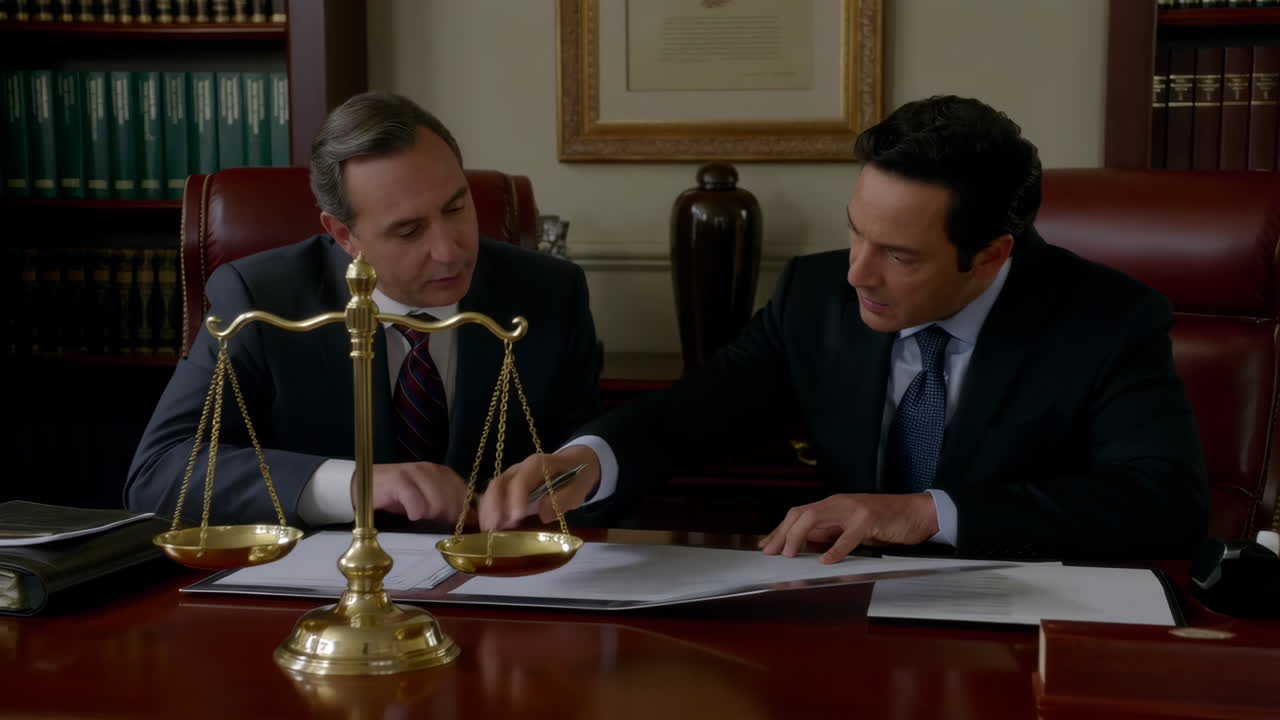 Lawyers discussing documents in an office with scales of justice