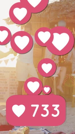 animación de iconos de corazón y números sobre amigos que hacen fiesta en el bar de la playa