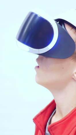 young boy wearing virtual reality headset, immersed in digital experience, showcasing modern technology and interactive gaming environment