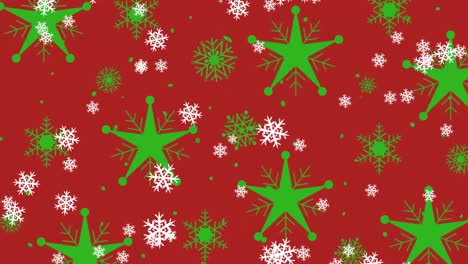 Digital-animation-of-snowflakes-falling-against-green-star-decorations-on-red-backgorund
