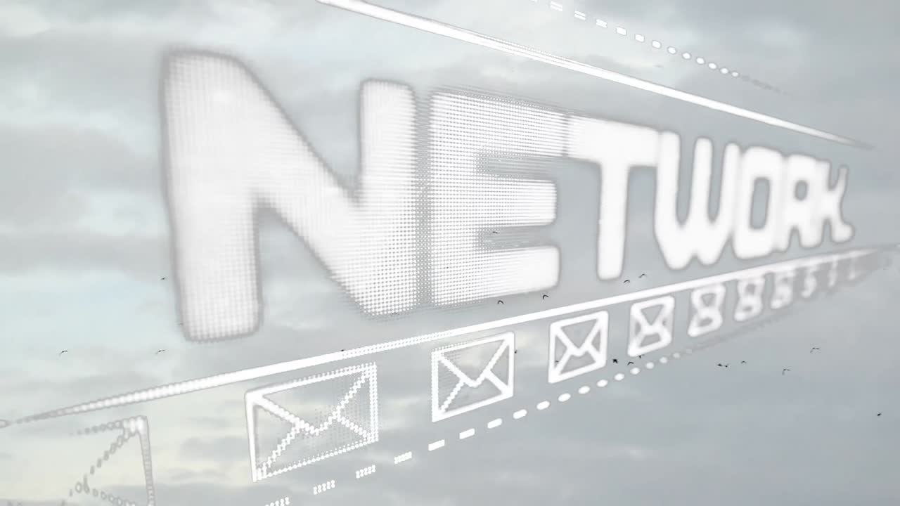 하늘 위의 네트워크 텍스트 및 메일 아이콘의 애니메이션