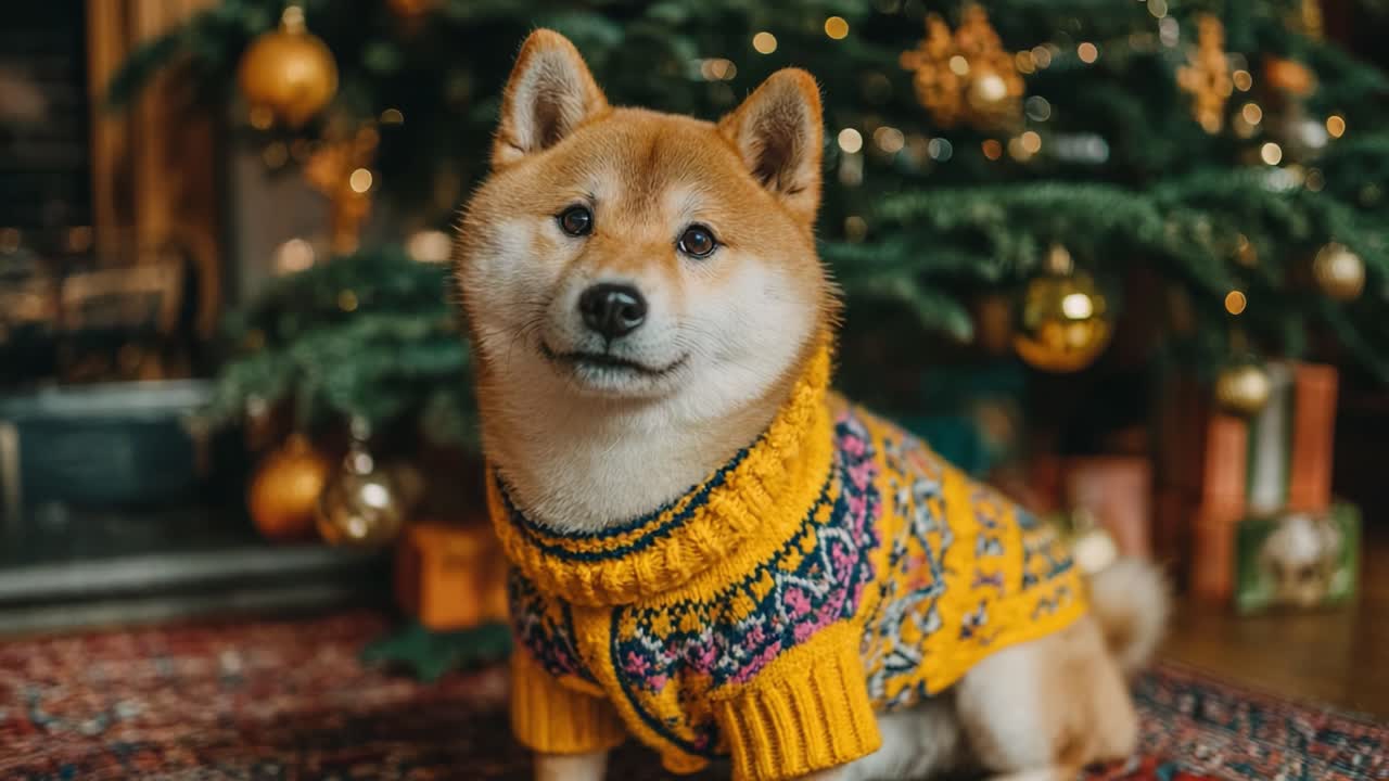 Adorable Shiba Inu in a Cozy Yellow Sweater Poses Charming by a Decorated Christmas Tree, Embracing the Holiday Spirit with Joy and Warmth