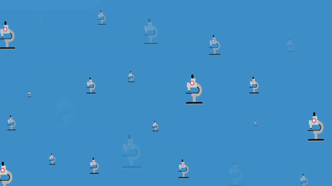 복사 공간과 함께 파란색 배경에 대한 여러 현미경 아이콘의 애니메이션