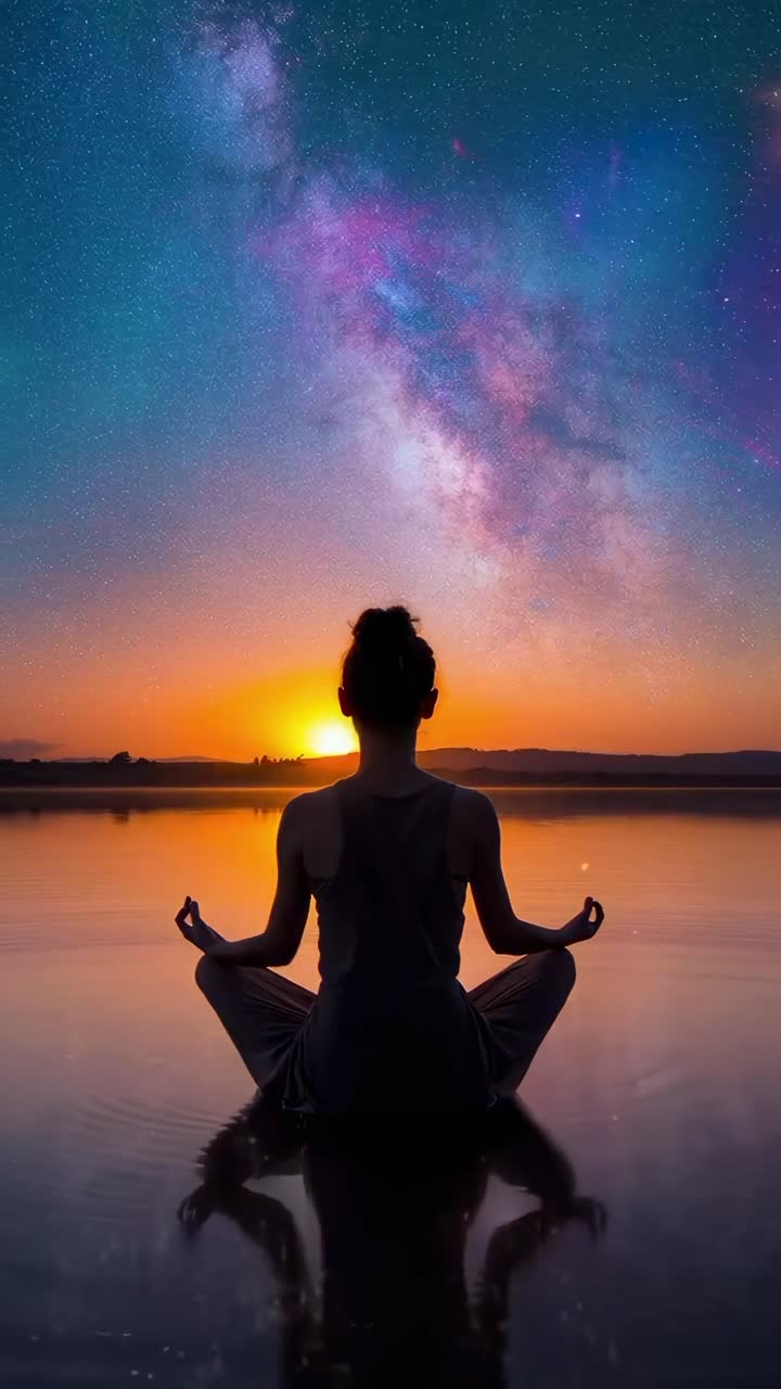 Silhouette of a person meditating by a lake at sunset, viewed from ...