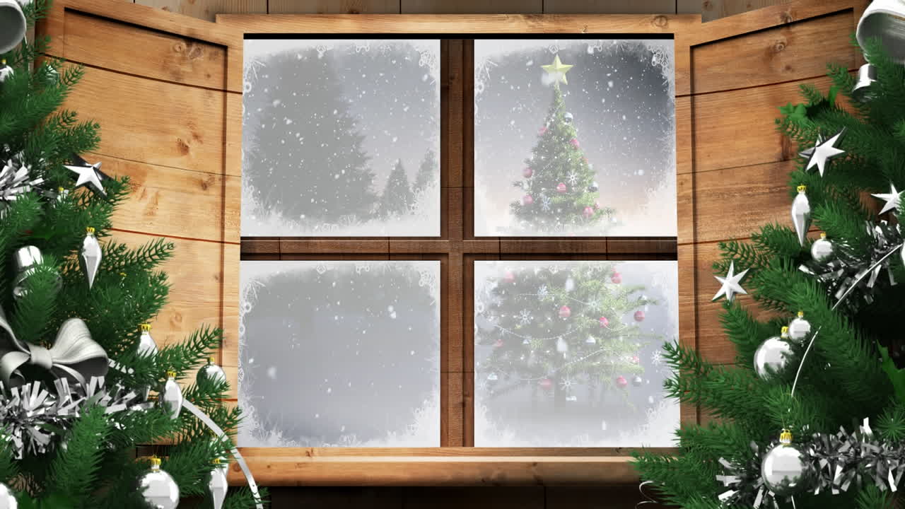 Digital animation of christmas trees and wooden window frame against snow falling