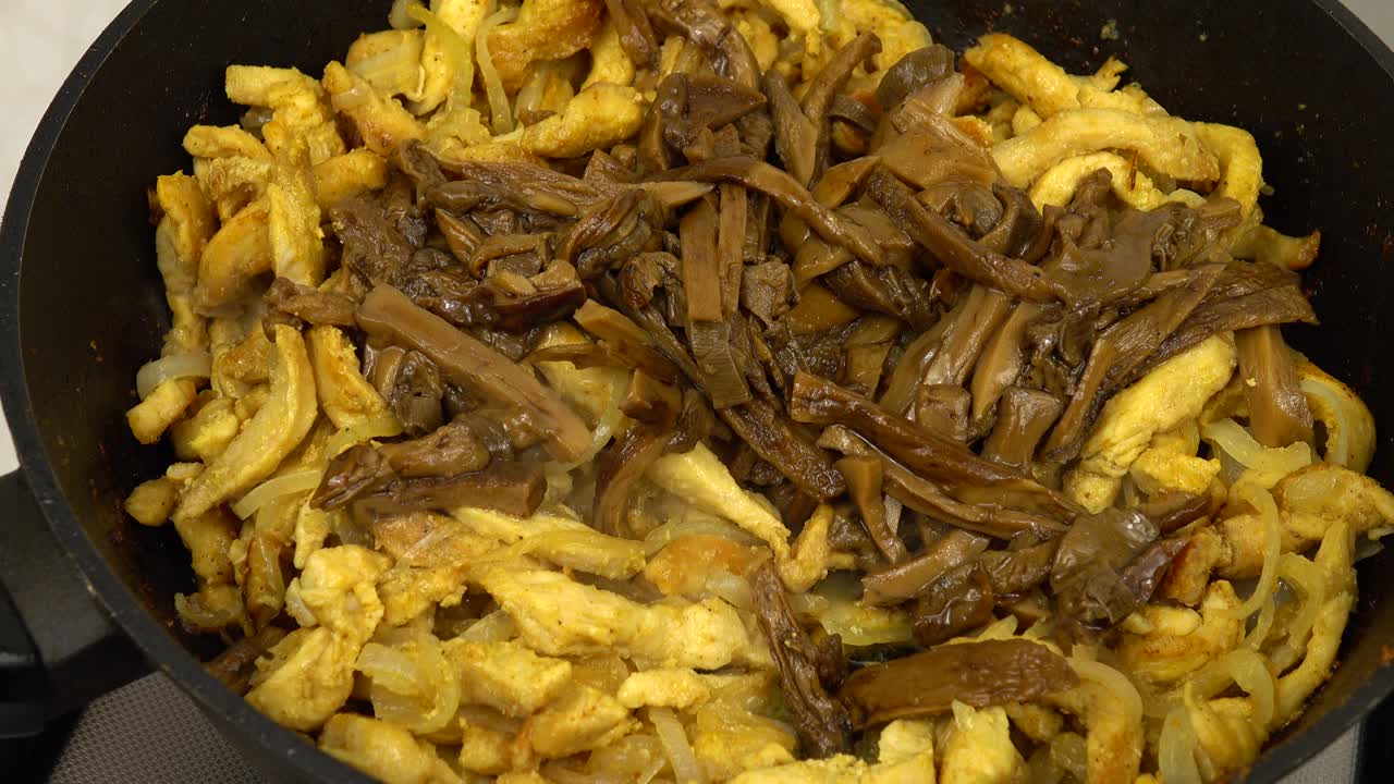 Cooking chicken stroganoff with mushrooms