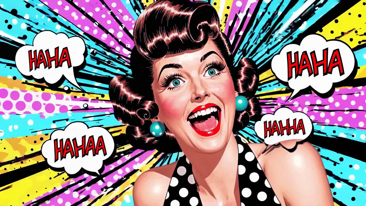 una mujer retrógrada riendo en estilo pop art.