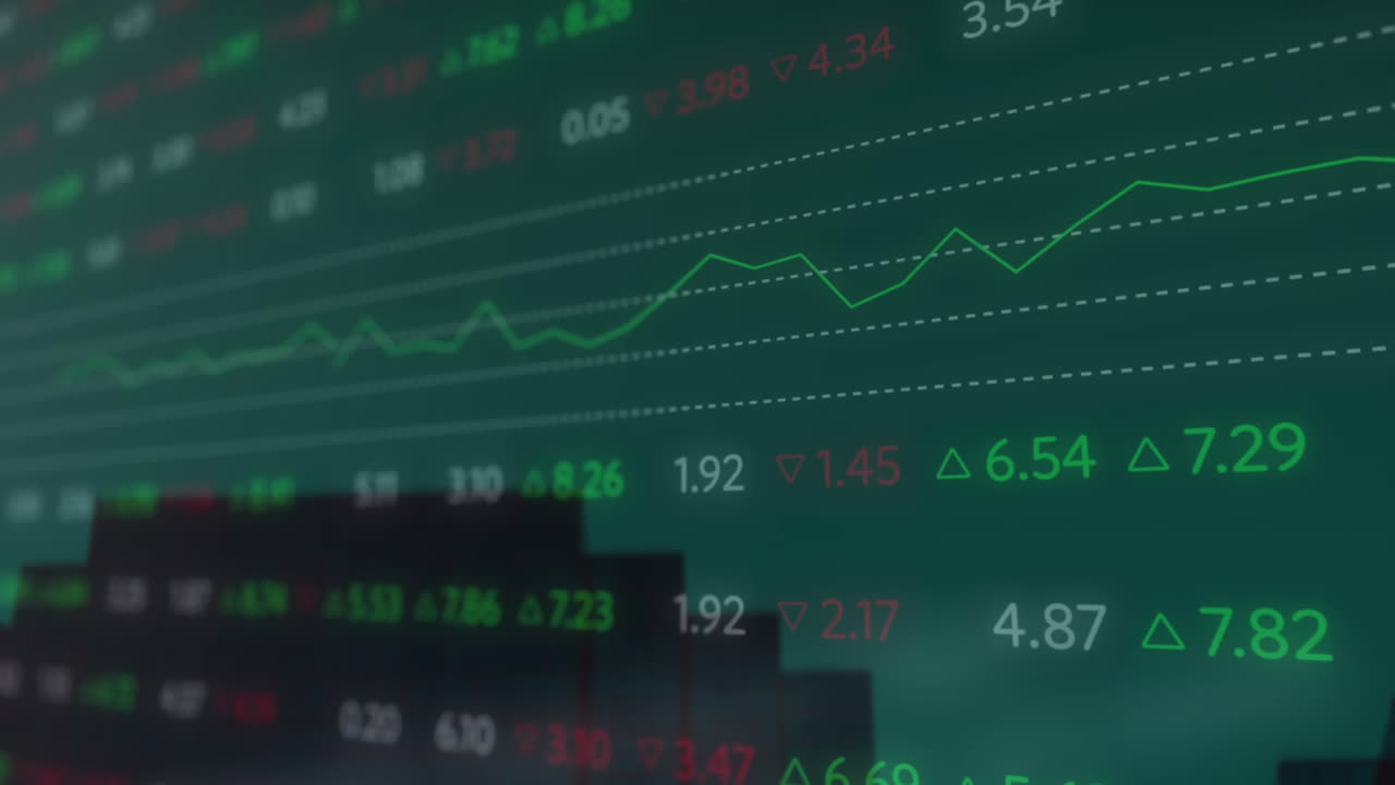 Animazione di elaborazione dati statistici e del mercato azionario su sfondo verde