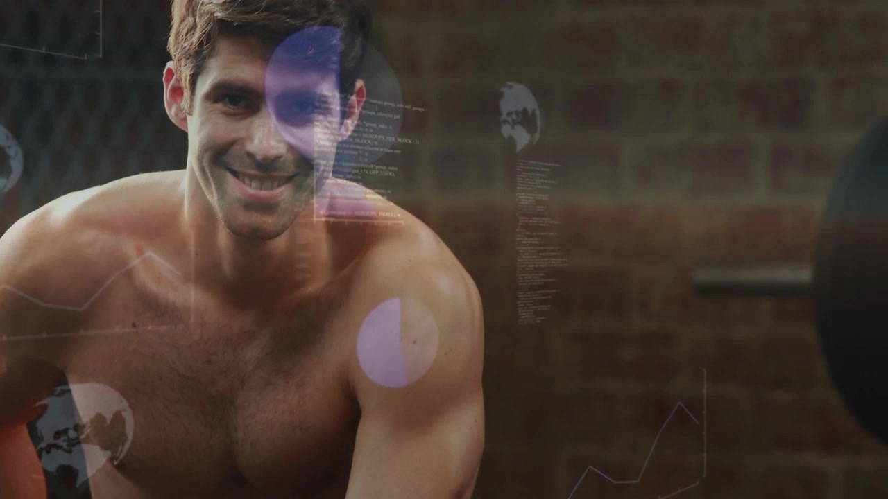 Man reaching strap, prepping gym, smiling at lens with kettlebell as flares and code overlaying
