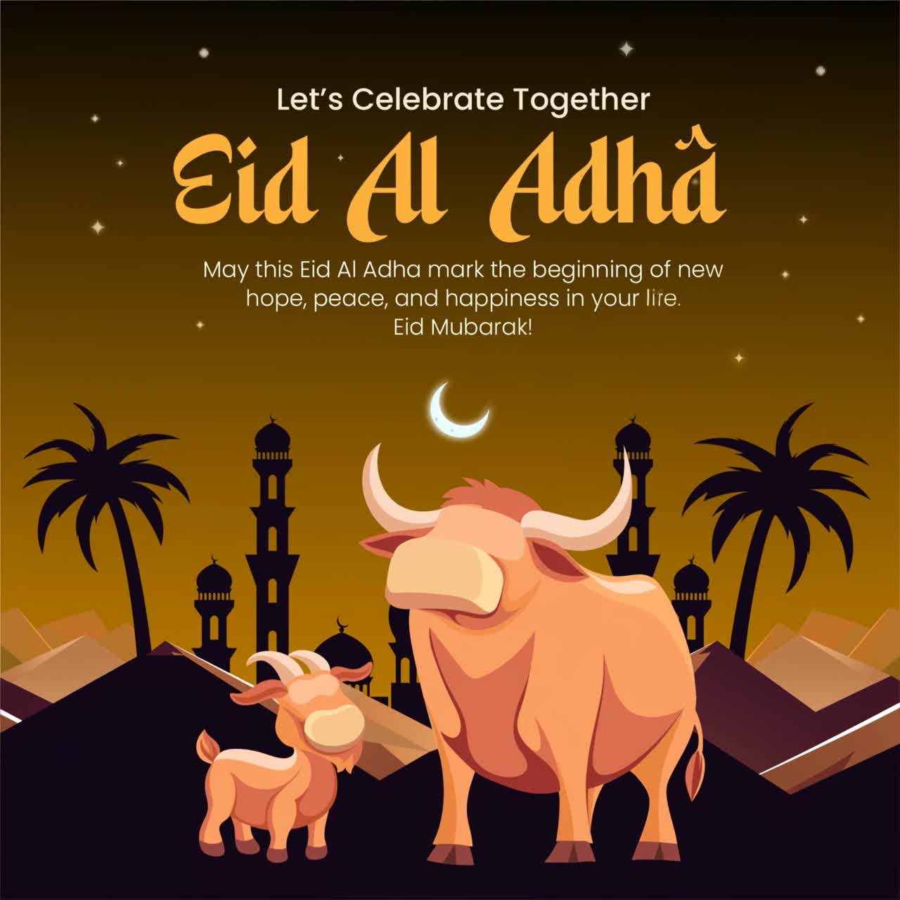 Eid Al Adha festive greeting animation illustration of cow and calf near mosque silhouettes with crescent moon celebrating