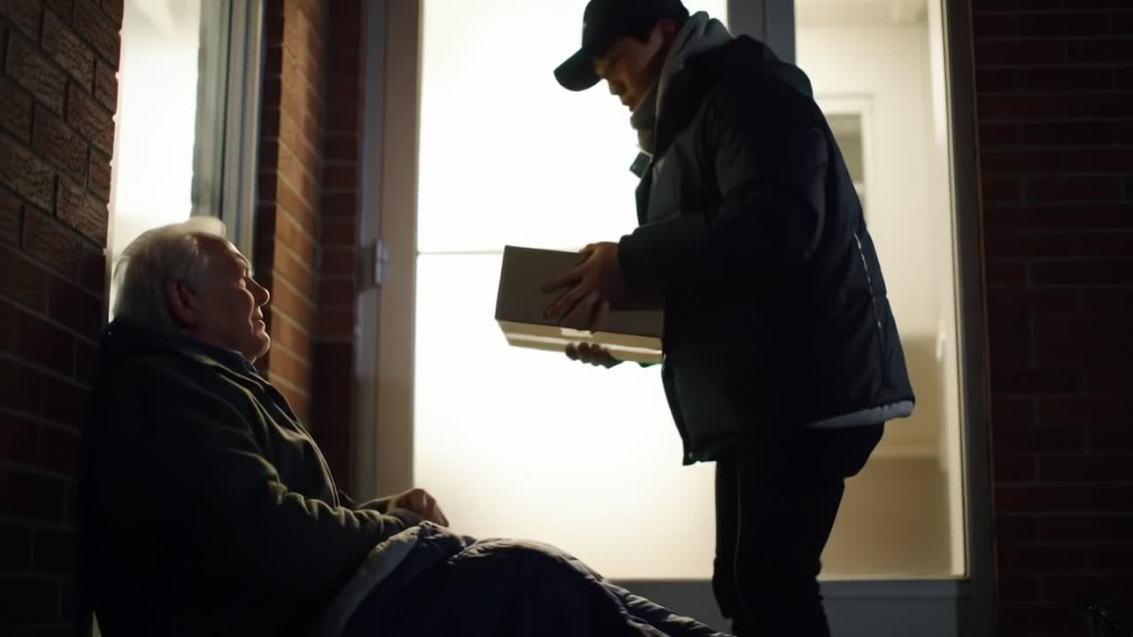 A Compassionate Gesture: A Young Man Delivers Hope to an Elderly Individual on a Doorstep During a Chilly Evening, Showcasing Generosity in Action